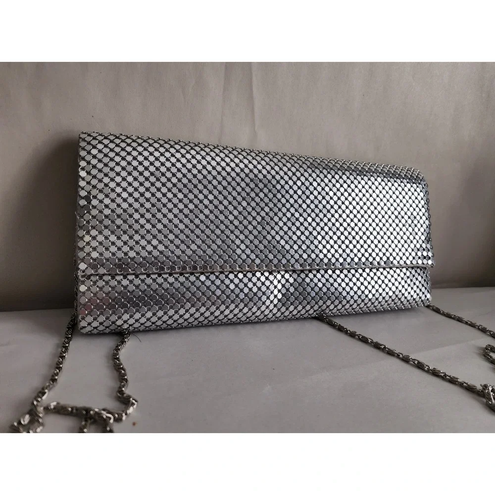 Silver Metal Mesh Clutch Evening Bag with Chain Strap Formal Prom Wedding
